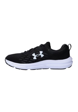 Schwarze Sportschuhe mit Obermaterial aus Mesh, weißer Zwischensohle und schwarzer Außensohle. Verfügt über ein zentrales Schnürsystem und ein Logo an der Seite.