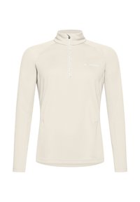 Lichtbeige langemouwen pullover met een kwartrits en hoge kraag, met een klein Vaude-logo op de linkerkant van de borst.