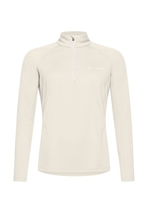 Pull-over beige clair à manches longues avec fermeture éclair quart et col montant, arborant un petit logo Vaude sur la poitrine gauche.