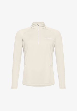Hellbeige Pullover mit langen Ärmeln, Viertel-Reißverschluss und hohem Kragen, mit kleinem Vaude-Logo auf der linken Brust.