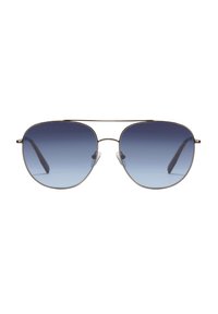 Ochelari de soare de tip aviator cu ramă subțire din metal și lentile gradient albastre, expuși pe un fundal alb.