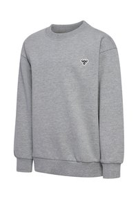 Lysegrå langærmet sweatshirt med ribkanter ved ærmer og bund, med et lille navy og hvidt bi-logo på venstre bryst.