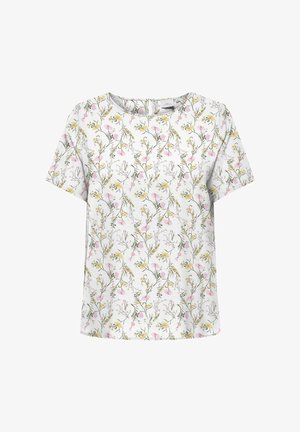 Biela blúzka s krátkym rukávom s kvetinovým vzorom obsahujúcim ružové a žlté kvety, zelené stonky a voľný strih. Hladká textúra.