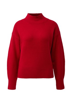 Czerwony sweter z dzianiny z wysokim kołnierzem, luźnym krojem i długimi rękawami. Posiada prążkowane mankiety i dół, dodające tekstury.