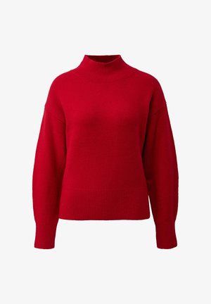Red knitted sweater with a high neck, relaxed fit, and long sleeves. Features ribbed cuffs and a hem for added texture.