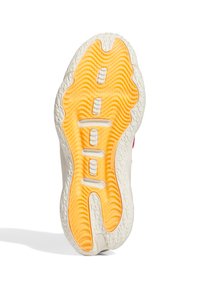 Idrottssko sula med ett texturerat gummidesign, med en vågig gul central del och vita accenter för grepp och dämpning.