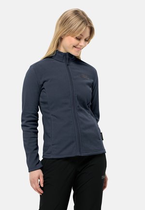 Marineblaue Fleecejacke mit hohem Kragen und durchgehendem Reißverschluss, ausgestattet mit einem Logo auf der Brust und Flachnahtnähten für Langlebigkeit.