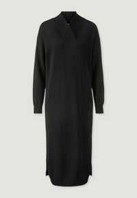 Schwarzes Langarmkleid aus weichem Stoff, mit tiefem V-Ausschnitt, geripptem Kragen und Seitenschlitzen für Bewegungsfreiheit.