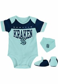 Hellblaues Overall mit marineblauen Akzenten, Seattle Kraken-Logo, passendem Lätzchen und Füßlingen. Weicher Stoff, kurze Ärmel und Druckknopfverschluss an der Unterseite.