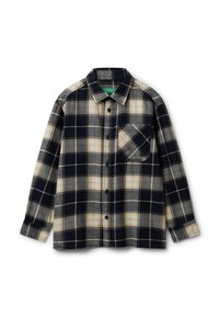Camicia di flanella a maniche lunghe con bottoni, in plaid nei colori blu navy, beige e grigio, con taschino sul petto, distesa su uno sfondo bianco.