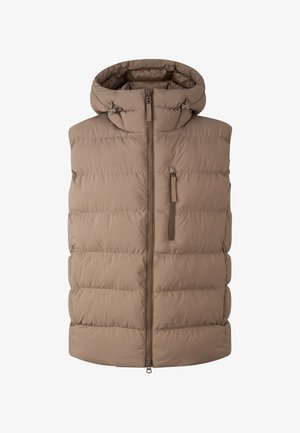 Brun puffer vest med hætte, der har en frontlynlås og en brystlomme. Materialet er glat med en quiltet finish og synlige syninger.