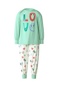 Mintgrünes Schlafanzugset mit einem langärmeligen Oberteil, das bunten "LOVE"-Text und verspielte Akzente aufweist, kombiniert mit cremefarbenen Hosen, die mit verschiedenen Mustern verziert sind.