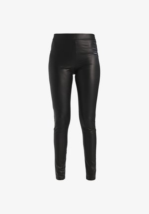 Black faux leather leggings with a high waistband. The fabric has a smooth, shiny finish and a form-fitting design that tapers at the ankles.