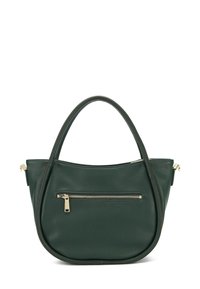 Borsa tote in pelle verde con forma curva, manici doppi e una tasca anteriore con zip caratterizzata da acciaio dorato e cuciture a contrasto.