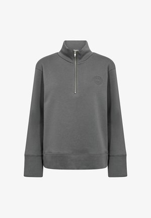 Grau Pullover-Sweatshirt aus weichem Stoff, mit hohem Kragen und kurzem Reißverschluss. Enthält ein geprägtes Logo auf der Brust.