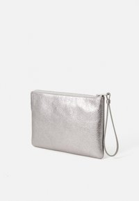 Silver metallic pouch with a textured leather finish, featuring a zipper closure and a wrist strap for carrying convenience.