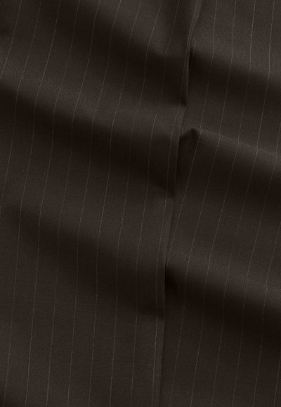 Dark brown fabric with subtle thin vertical pinstripes and a soft fold creating gentle shadows and texture on the material.