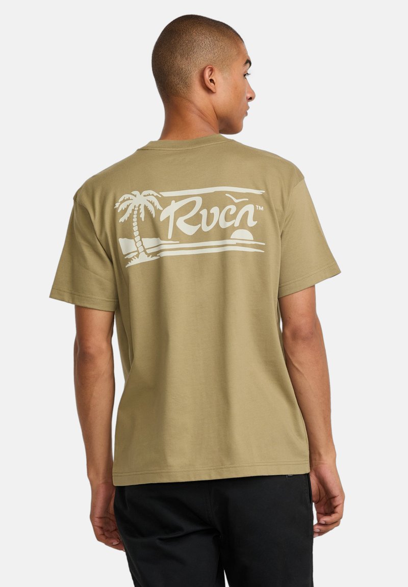 Beige cotton t-shirt featuring a white graphic design on the back, depicting palm trees and waves, with a relaxed fit and short sleeves.