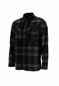 Camicia flanella a quadri nera e grigia con maniche lunghe, due tasche sul petto, chiusura a bottoni e colletto, con una texture morbida.