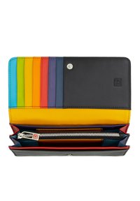 Black leather wallet interior with multiple card slots in vibrant colors (blue, green, yellow, orange, red, purple), zippered compartment, and snap closure.