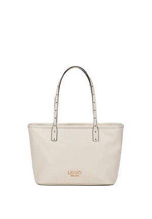Sac cabas rectangulaire beige avec doubles anses d'épaule et logo embossé "LIU JO MILANO" en or sur le devant.