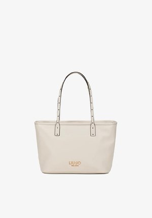 Sac cabas rectangulaire beige avec doubles anses d'épaule et logo embossé "LIU JO MILANO" en or sur le devant.