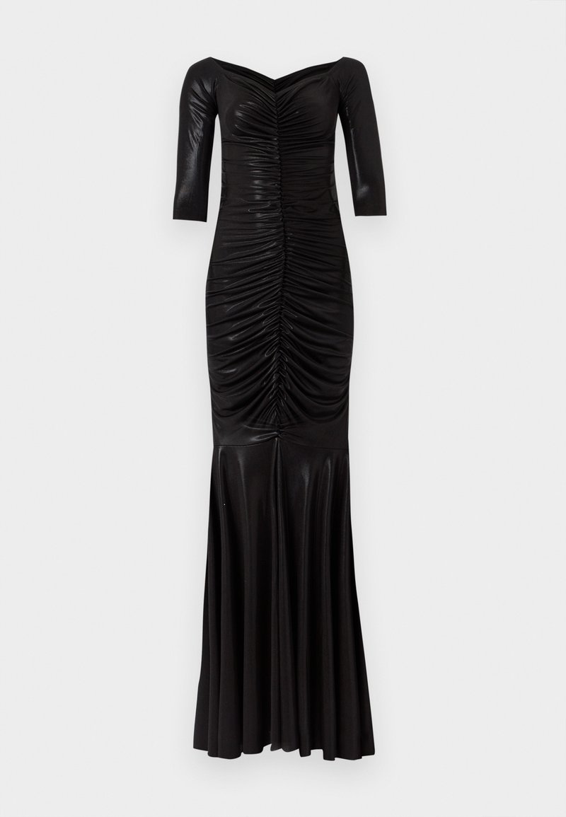 Black ruched off-shoulder gown with three-quarter sleeves and a flared hem, made of shiny, smooth fabric.