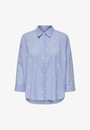 Light blue button-up shirt with long sleeves, featuring white floral embroidery and a classic collar. Rounded hem and relaxed fit design.