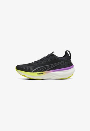 Black running shoe with a lightweight mesh upper, featuring purple and neon yellow accents, curved sole, and textured detailing.