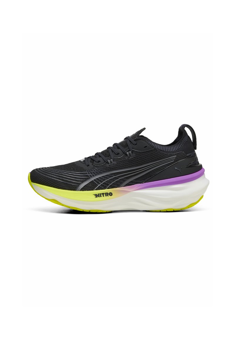 Black running shoe with a lightweight mesh upper, featuring purple and neon yellow accents, curved sole, and textured detailing.