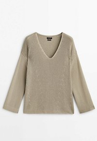 Beige knitted sweater with a V-neck, long sleeves, textured fabric, and ribbed cuffs. Features a relaxed fit and subtle diagonal pattern.