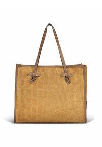 Borsa a tracolla gialla con motivo coccodrillo e accenti in pelle marrone. Presenta due manici superiori e cuciture a contrasto. Forma rettangolare.