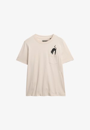 Korte mouwen, lichtbeige katoenen T-shirt met een zwart kattenafbeelding op de linkerkant van de borstzak. Klassiek ontwerp met ronde hals.
