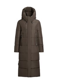 Ilgas rudas pamušaluotas paltas su aukštu apykakliu, užtrauktukų kišenėmis ir išlenktu apačios kraštu. Minkšta tekstūra, mygtuko ir raištelio detalės ant gobtuvo.