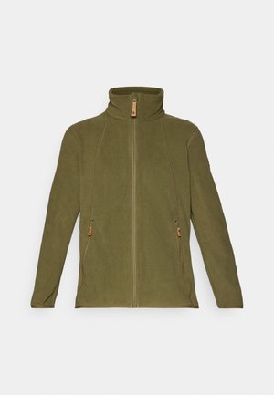 Oliven grønn fleecejakke med høy krage, hel frontglidelås og to sidelommer med lærtrekksnor og kontrasterende søm.