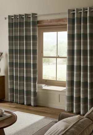 Fenêtre avec des rideaux à carreaux verts et beiges suspendus à une tringle argentée dans un salon cosy avec un sol en bois et un canapé beige.