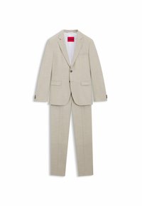 Beige jakkesæt med en ensartet blazer med skrå krave og matchende flade bukser. Struktureret stof med subtile mønstre.