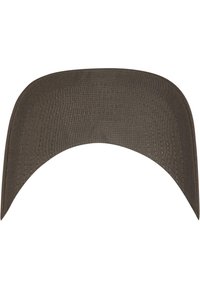 Dark brown visor with a curved shape and reinforced stitching. Smooth fabric texture with no visible branding or embellishments.