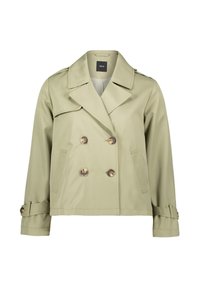 Doppelt-knopfbarer Trenchcoat in Hellgrün, mit großen Knöpfen, einem breiten Kragen und verstellbaren Ärmelriemen aus glattem Stoff.