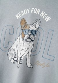 Harmaa t-paita, jossa on ranskalaisen bulldogin kuva sinisiä aurinkolaseja käyttävänä. Tekstissä lukee "VALMIS UUTEEN JÄÄHTYVIIN" ja "Elämäntapa" kullalla.