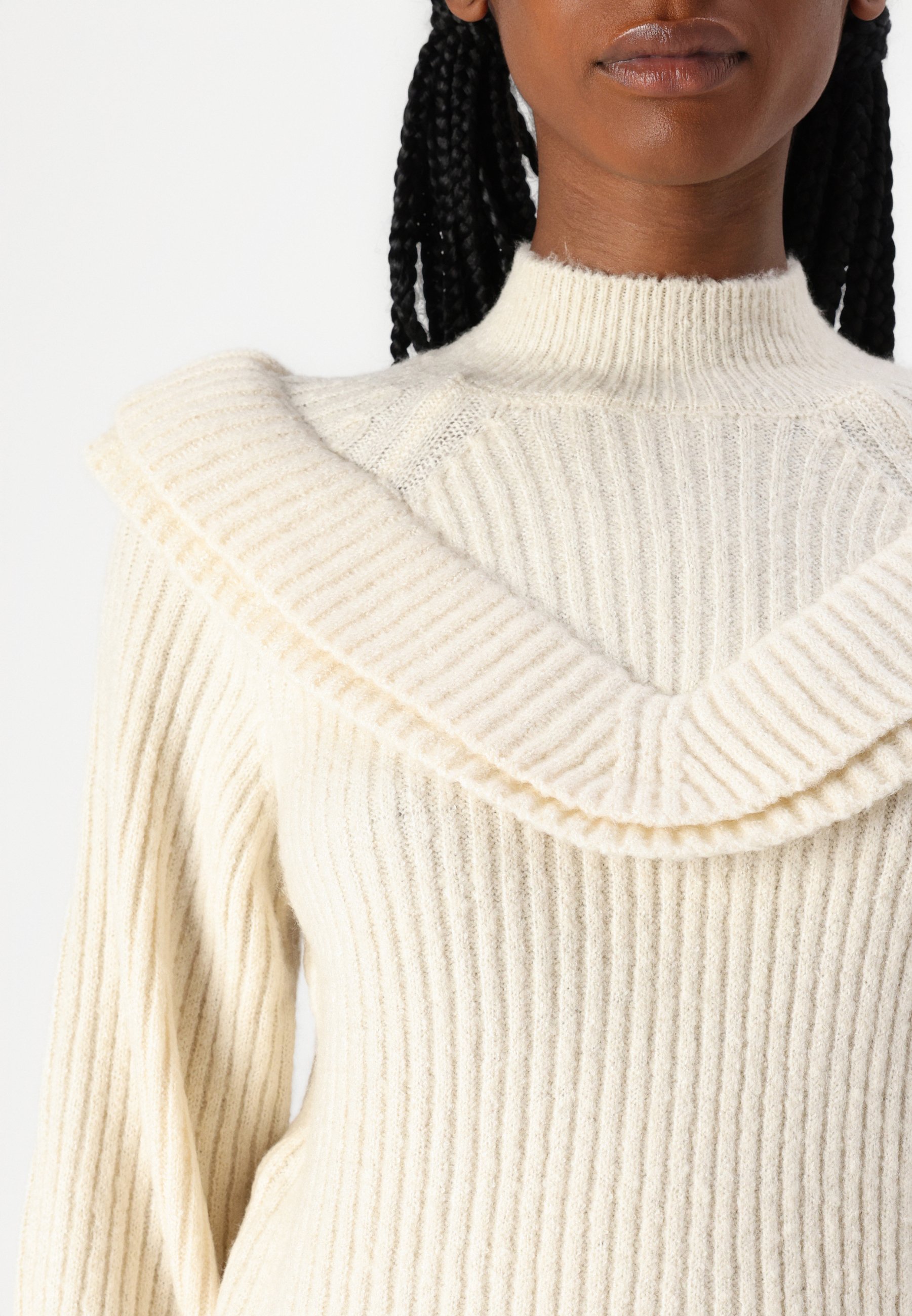 VILA Damen Strickpullover Vibooba – Mit Rüschen, Stehkragen & Ballonärmeln – Weicher Pulli Für Business & Freizeit