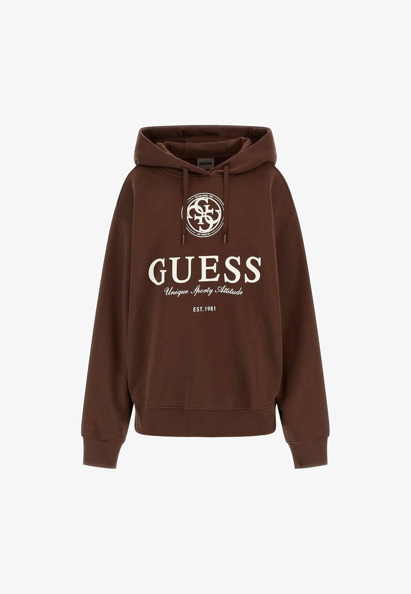 Hnědá mikina s kapucí z měkké látky, s bílým logem "GUESS", kruhovou grafikou, šňůrkami a žebrovanými manžetami.