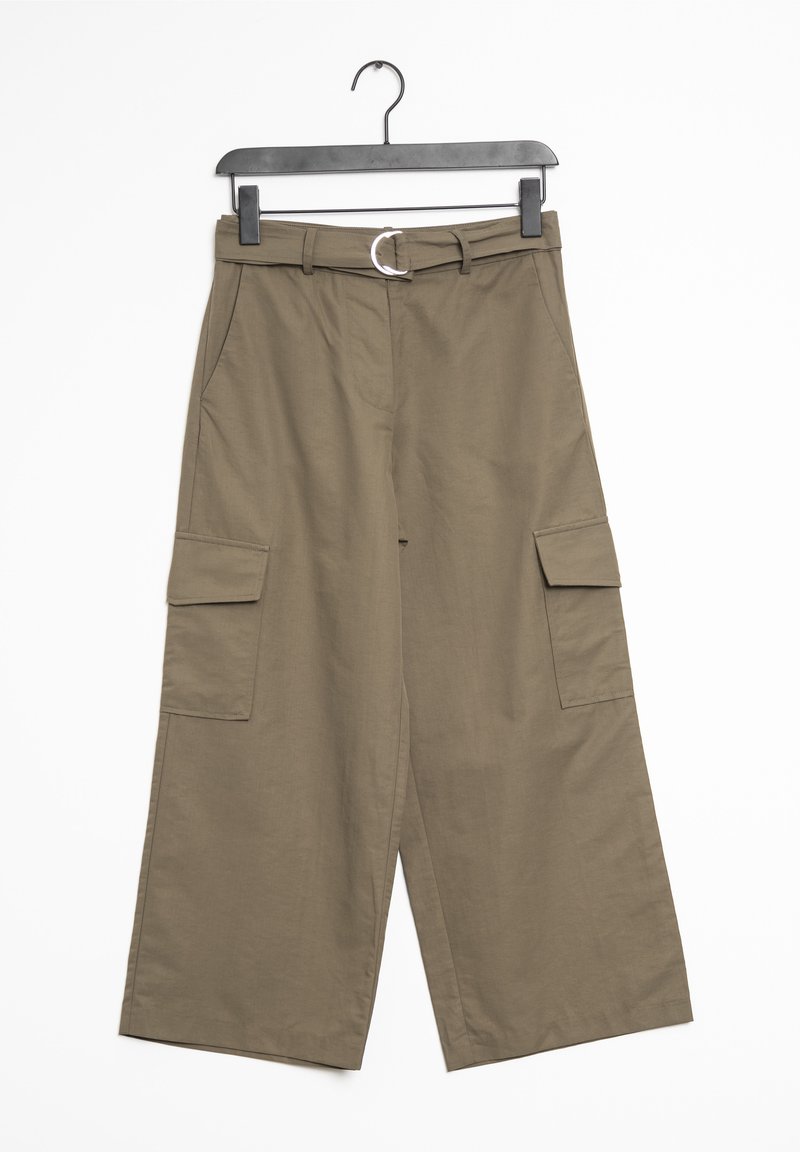 Khaki wijde cargobroek met een hoge taille met riem, twee zijzakken en twee klepzakken; gemaakt van zachte, lichte stof.