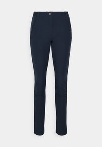 Pantaloni blu navy realizzati in tessuto elasticizzato, dotati di tasca con zip, chiusura con bottone e vestibilità dritta per un look snello.