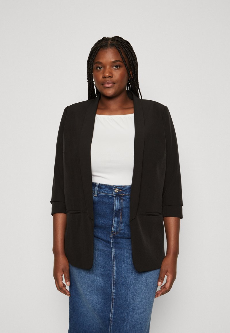 Black blazer with a tailored design, open front, and three-quarter sleeves, paired with a white top and denim skirt. Smooth texture.