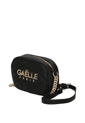 Borsa a tracolla nera trapuntata con tracolla a catena dorata e cerniera, con logo dorato "GAËLLE PARIS" sul davanti.