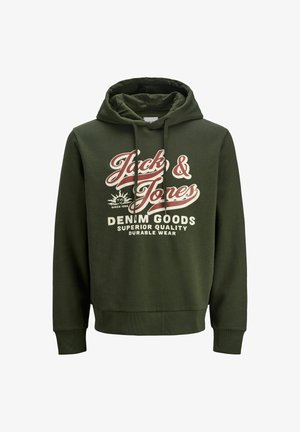 Olive zelená mikina s grafickým potlačou na prednej strane v bielej a červenej farbe. Obsahuje klokanie vrecko a kapucňu so šnúrkou. Mäkká a odolná látka.