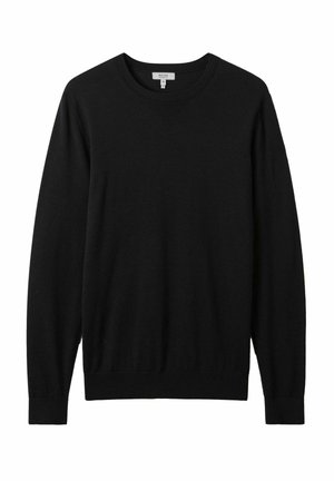 Schwarzer Pullover aus weichem Stoff mit rundem Halsausschnitt, langen Ärmeln sowie gerippten Bündchen und Saum. Schlichtes und zeitloses Design.