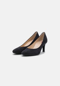 Black suede high-heeled pumps with a pointed toe and a smooth upper. The heel measures approximately 3 inches in height.