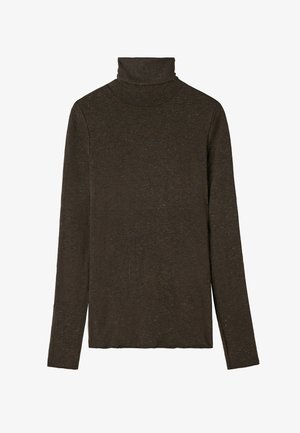 Haut col roulé marron foncé en tissu doux et texturé. Présente des manches longues et une coupe ajustée, avec un décolleté lisse.